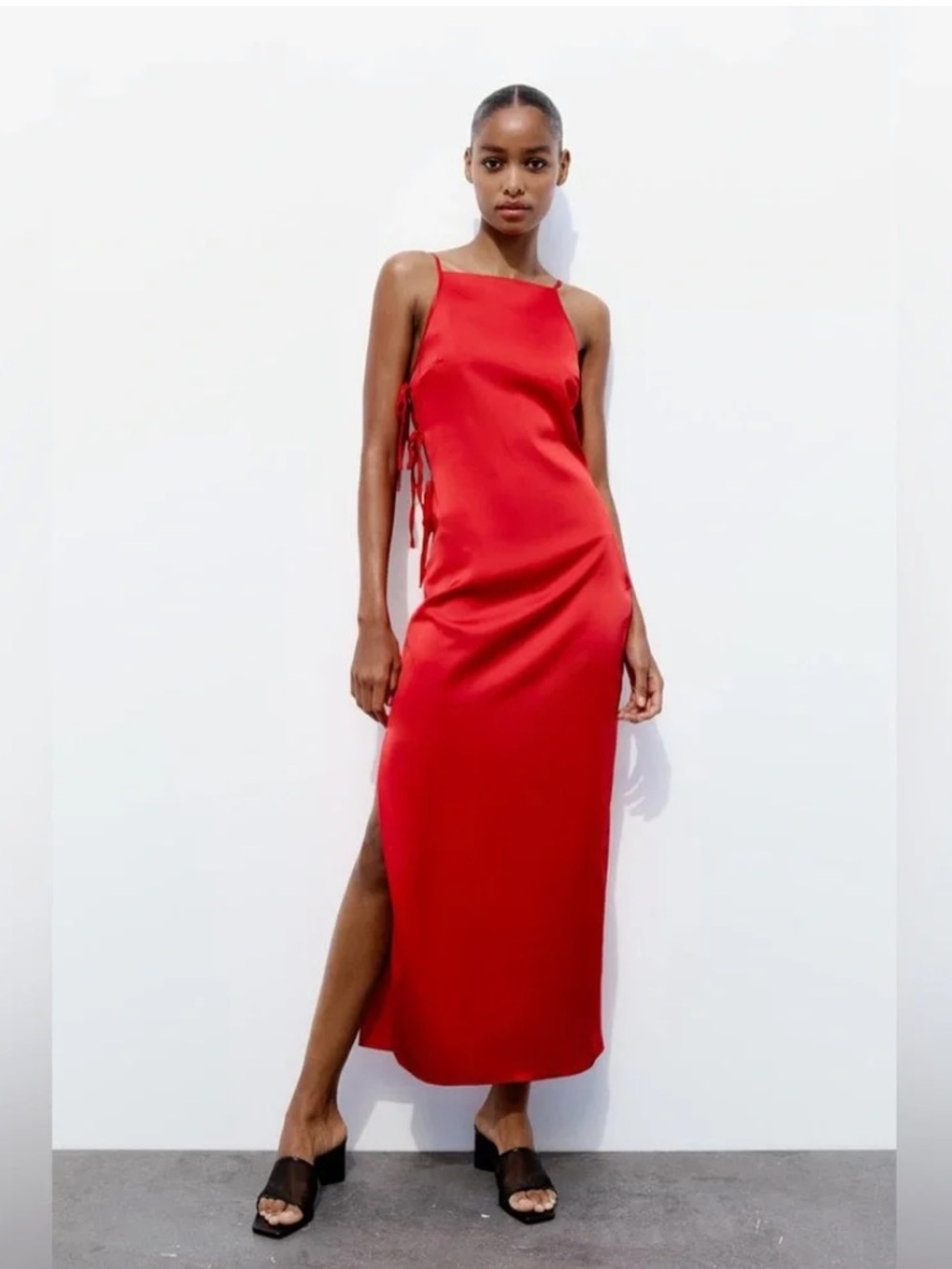 ZARA Red Satin Side-Tie Slip Dress